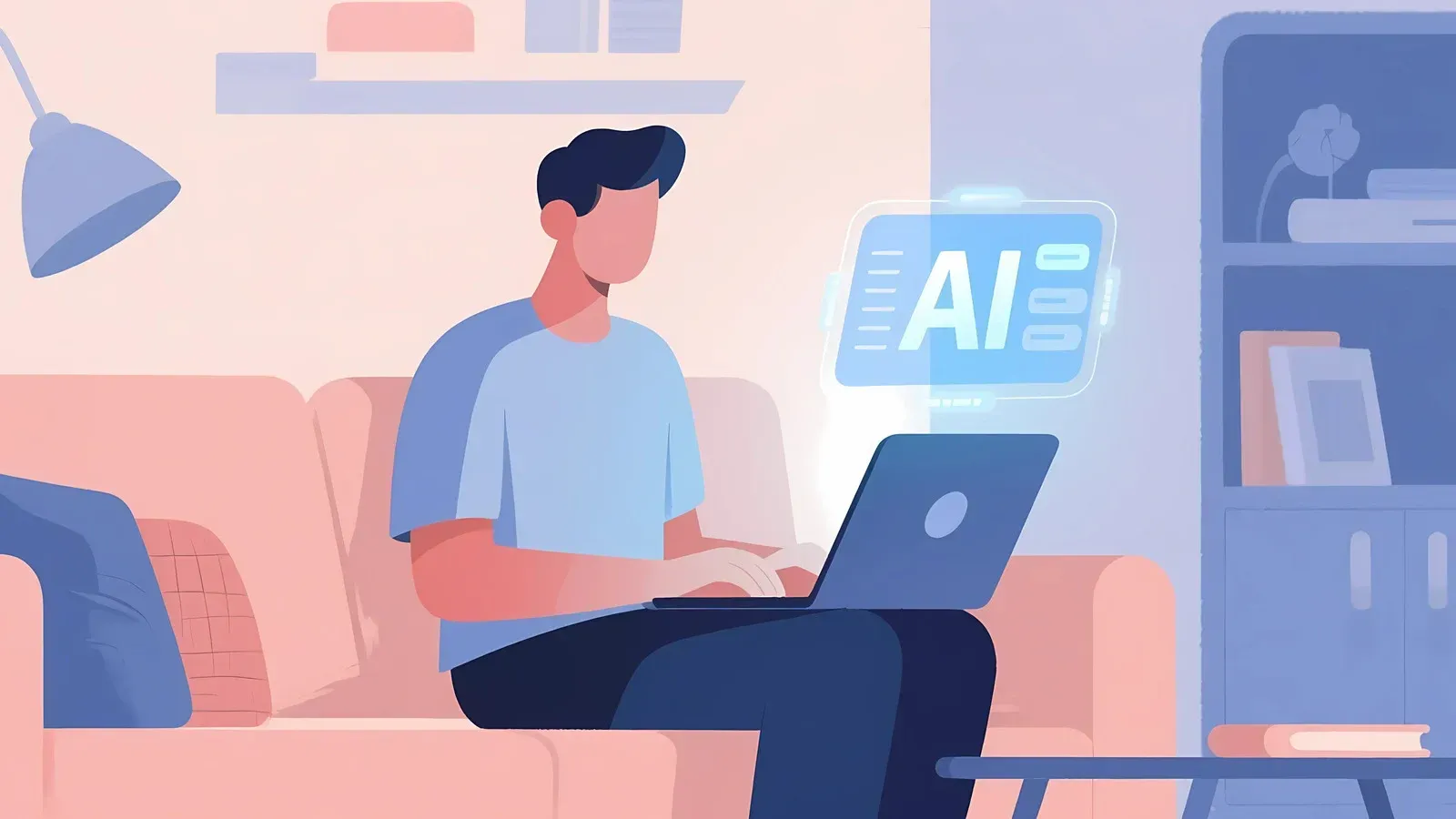 Man using laptop, AI interface in front of him, sitting on a couch in a living room.