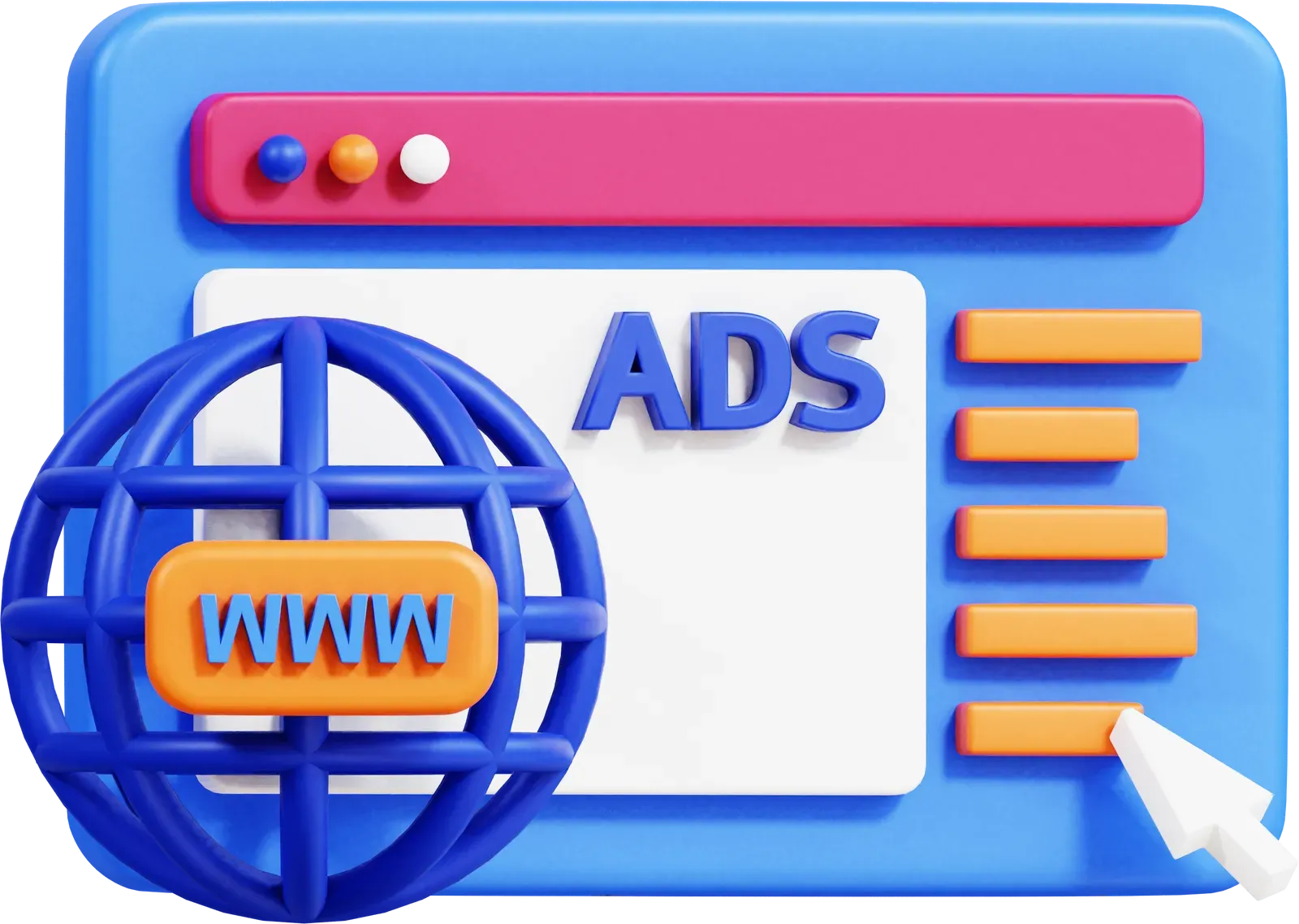 3D illustration of web browser displaying ads; globe, cursor, and internet elements.