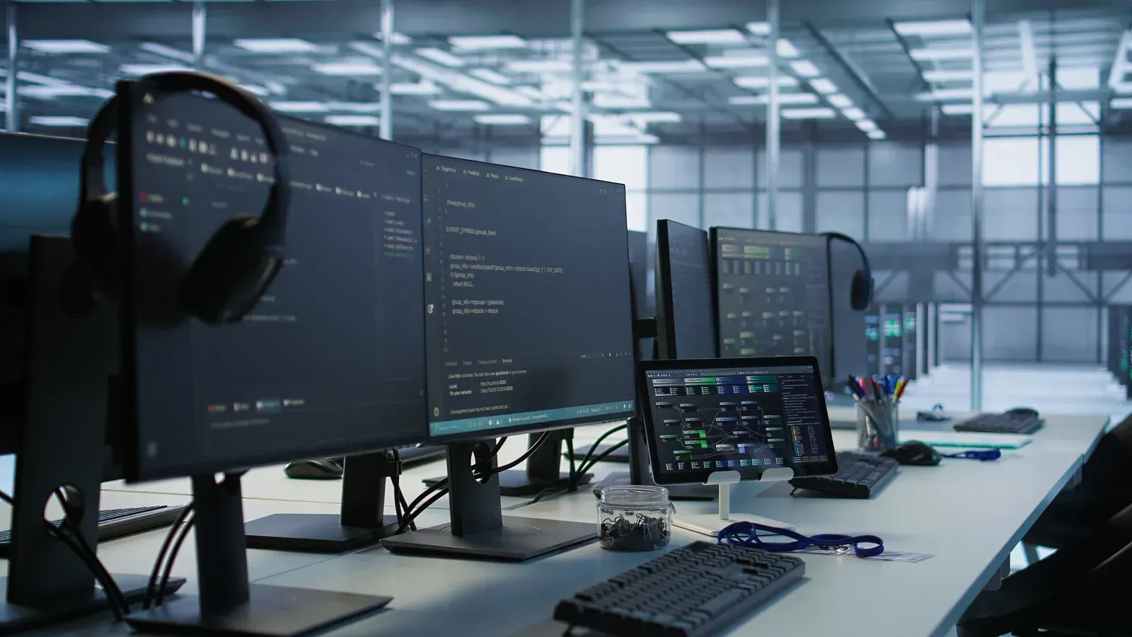 A row of computer monitors displaying code in a data center. Headphones, keyboards, and a tablet on desk.