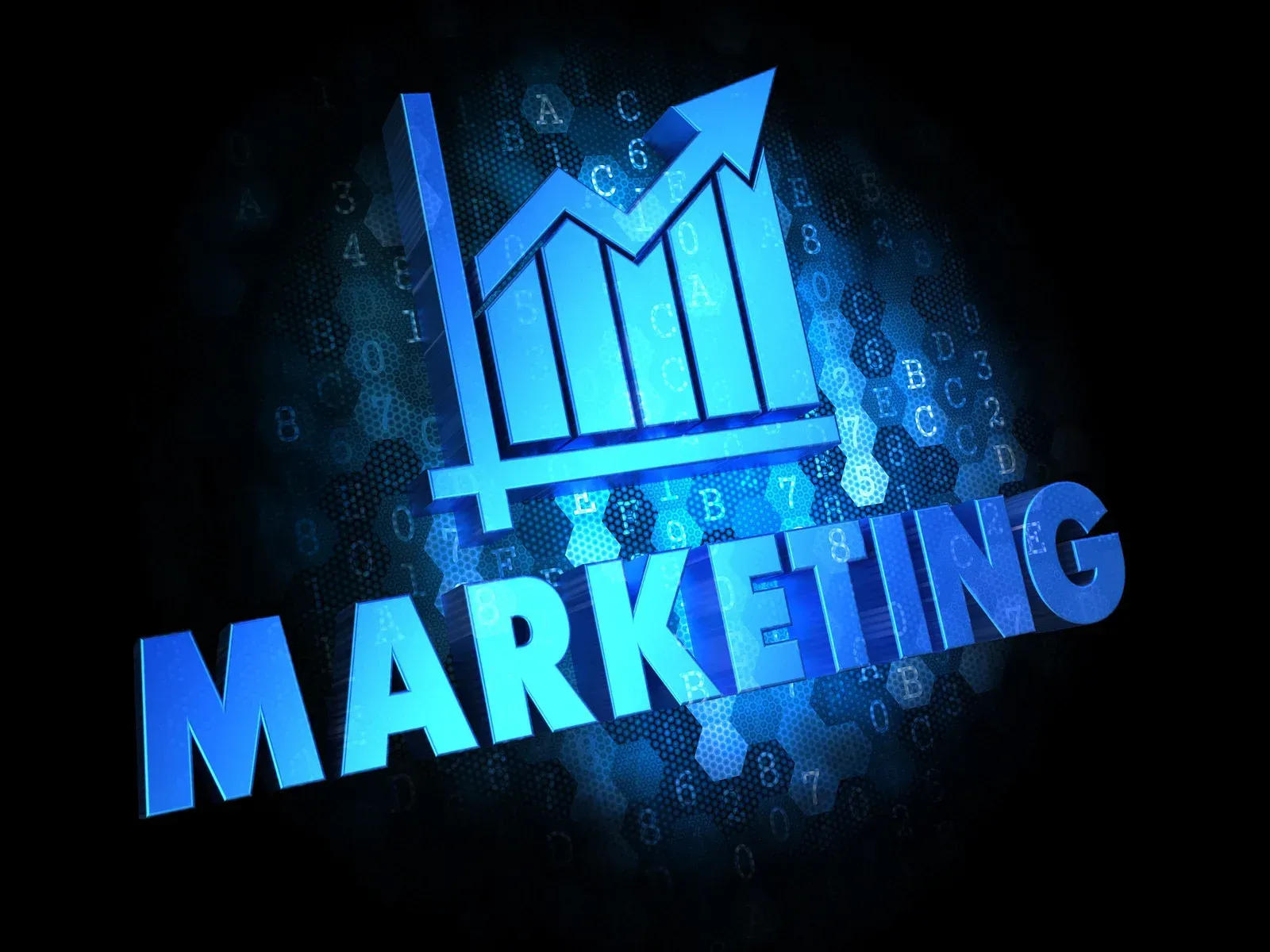 A blue background with the word marketing and a graph