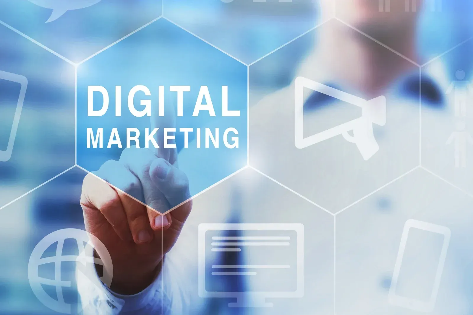 A man is pressing a button on a screen that says digital marketing.