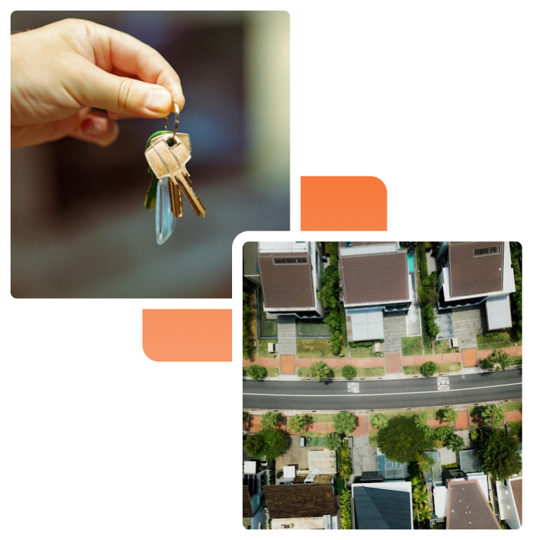 A hand holding a pair of keys next to an aerial view of a residential area