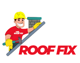 A roof fix logo with a cartoon of a man holding a hammer.