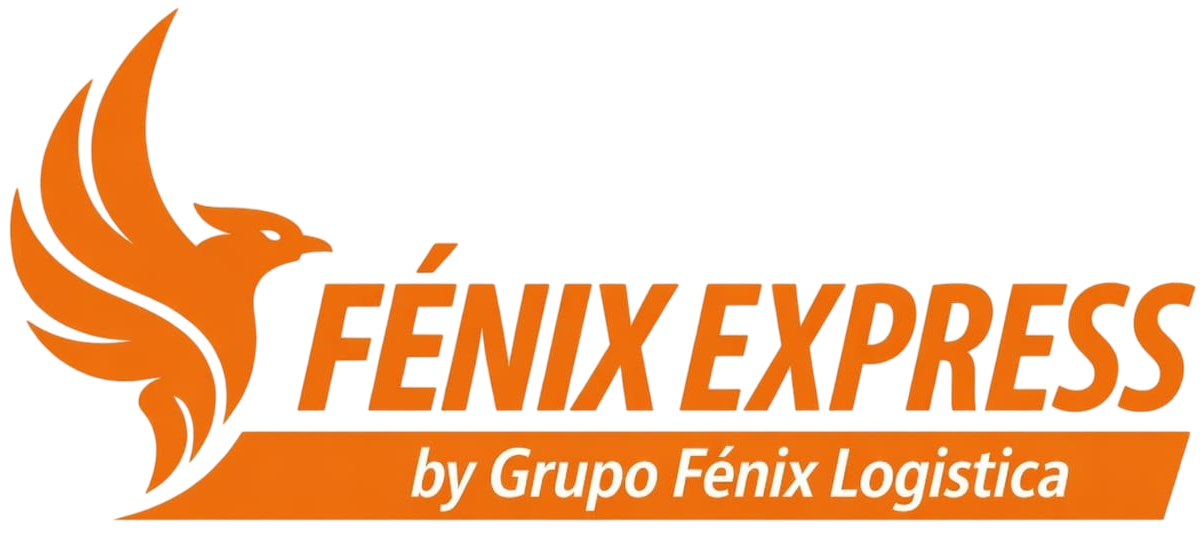 Logotipo de Fénix Express con un fénix rojo-naranja y texto en negro, de Grupo Fénix Logística