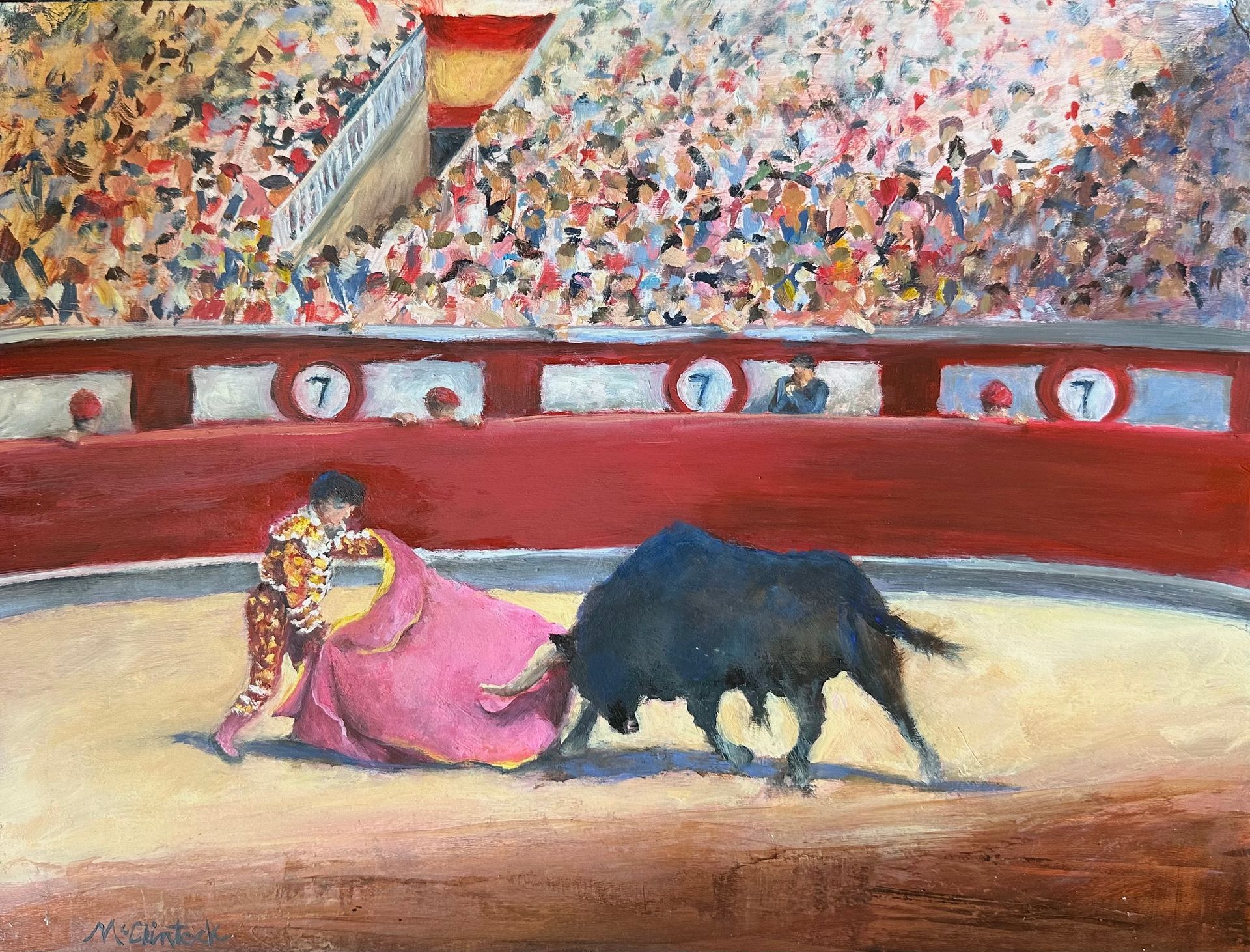 A painting of a matador fighting a bull in a bullring