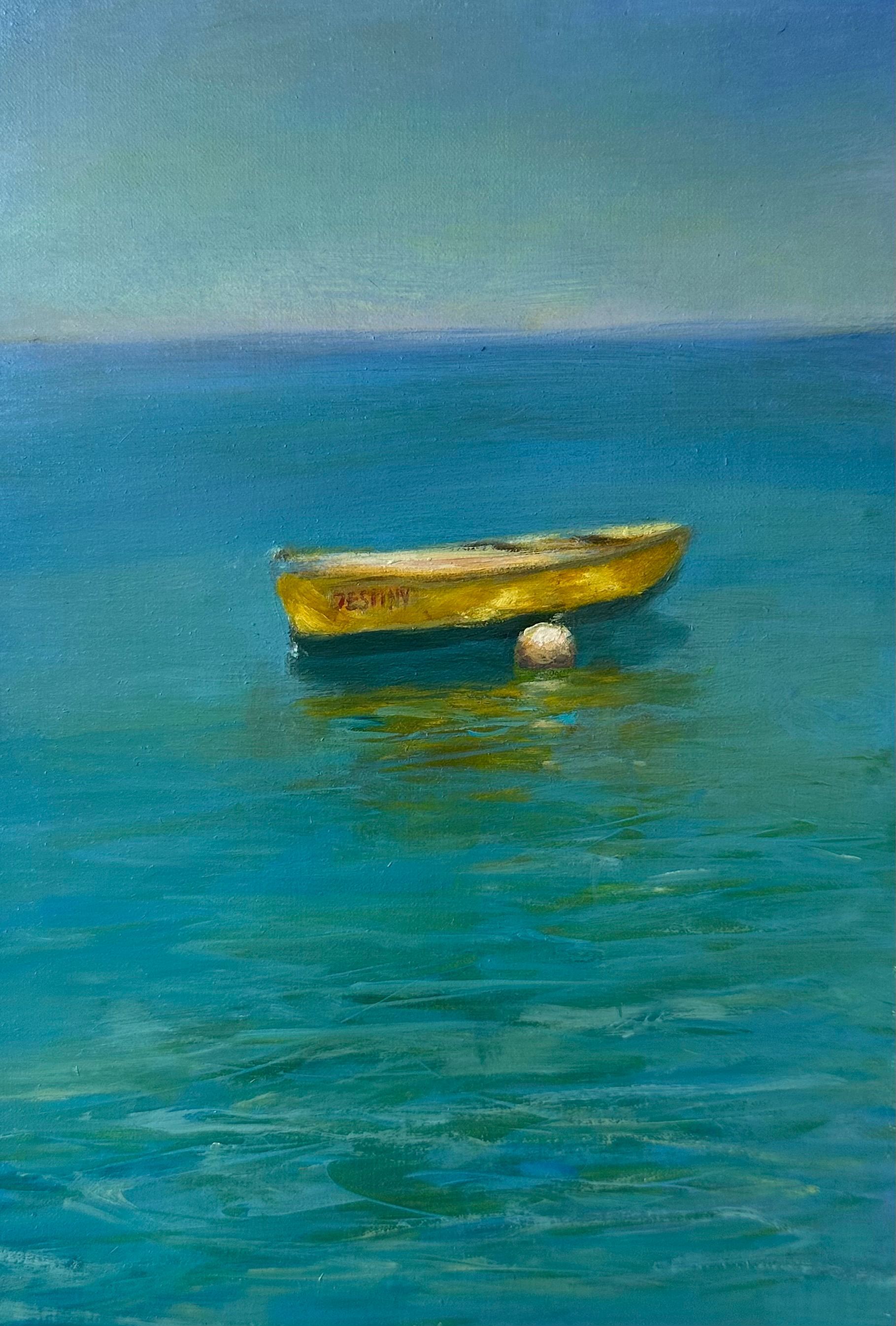 It is a painting of a yellow boat in the ocean.