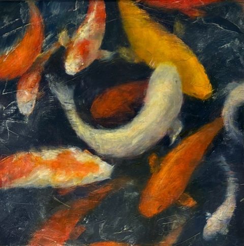 A painting of many different colored fish on a dark background