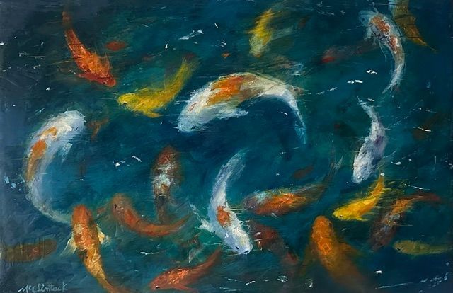 A painting of a group of fish swimming in a pond.