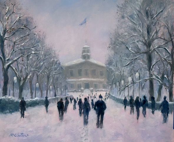 A painting of people walking in the snow in front of a building.