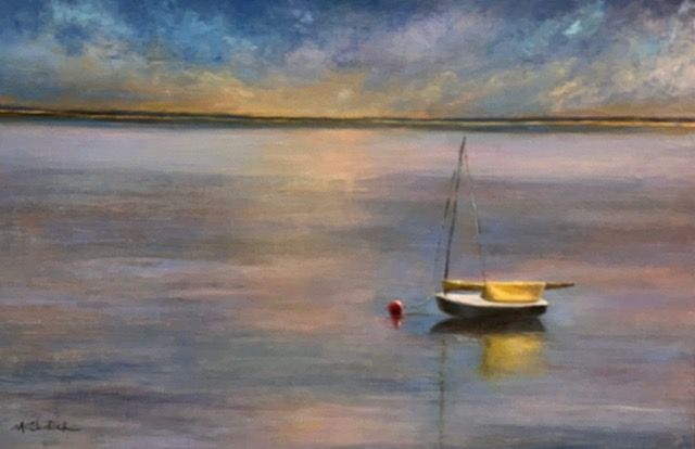 A painting of a sailboat in the middle of a body of water.