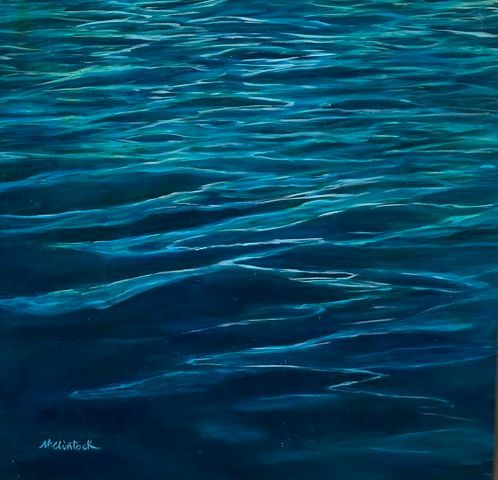 A painting of a body of water with the name mcwilliam on the bottom