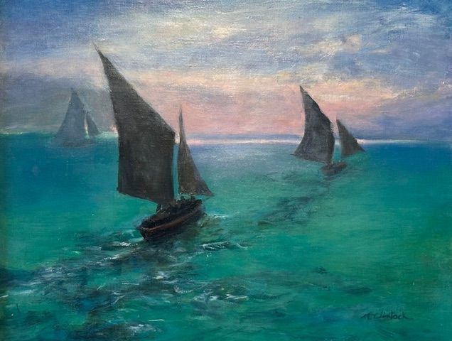 It is a painting of sailboats in the ocean.