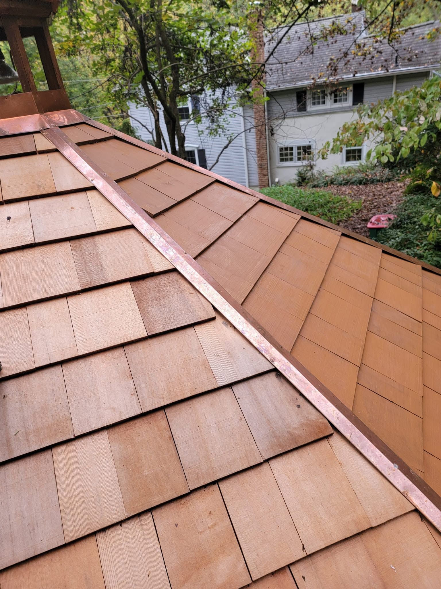 Reddish-brown roof shingles on a sloped roof with trees and a house in the background