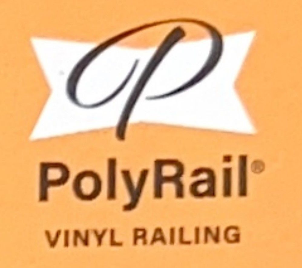 A logo for PolyRail vinyl railing on an orange background