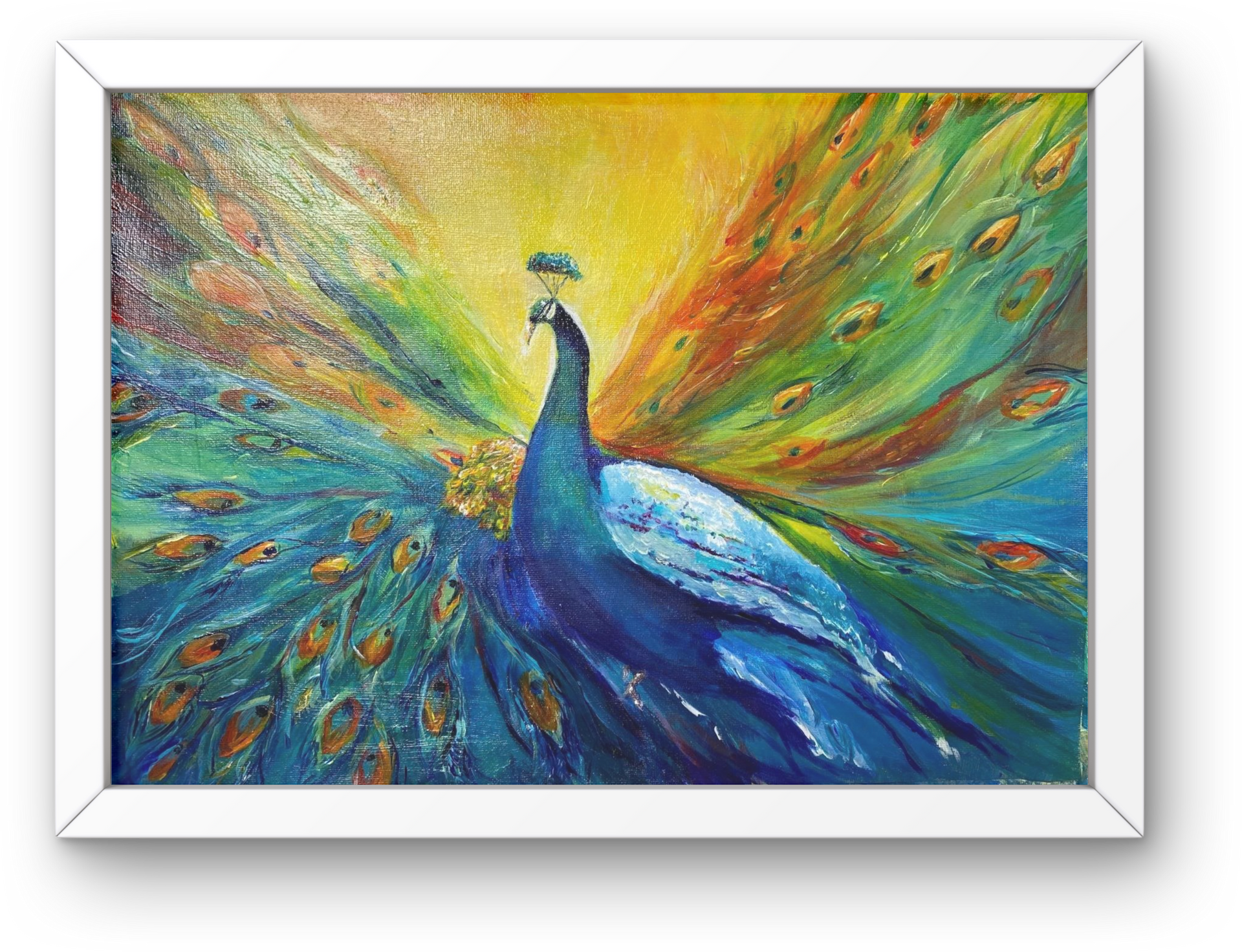 Colorful painting of a peacock with its tail feathers fanned out, set in a white frame.