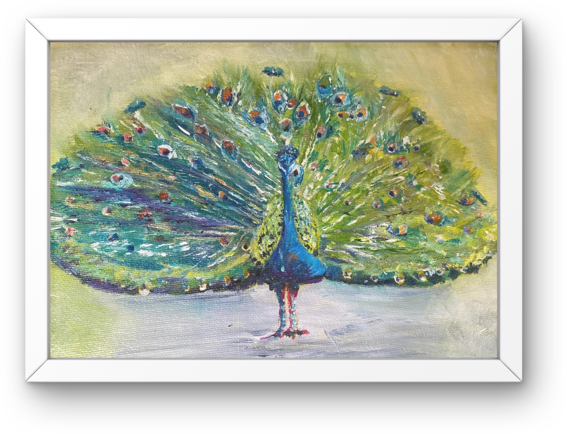 Oil painting of a peacock displaying its vibrant green and blue feathers, set in a white frame.