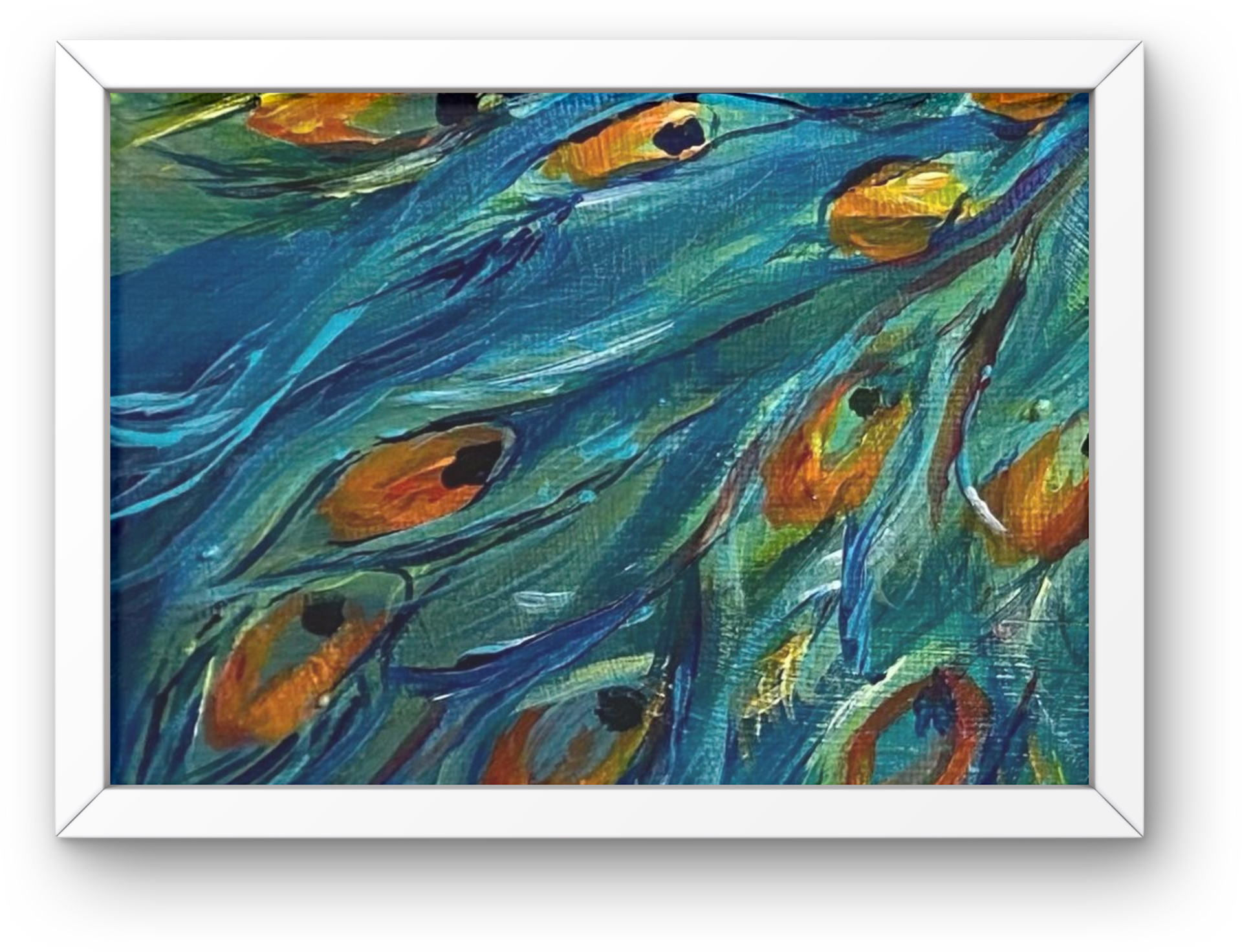 Close-up of a peacock feather painting, displaying vibrant blues, greens, and orange eye-like patterns.