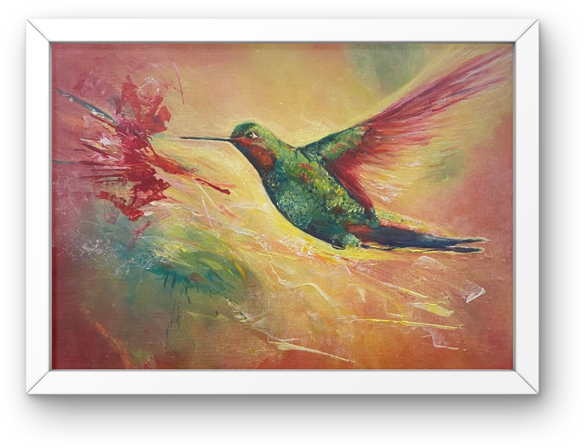 Hummingbird in flight reaching a red flower, painted against a warm-toned background.