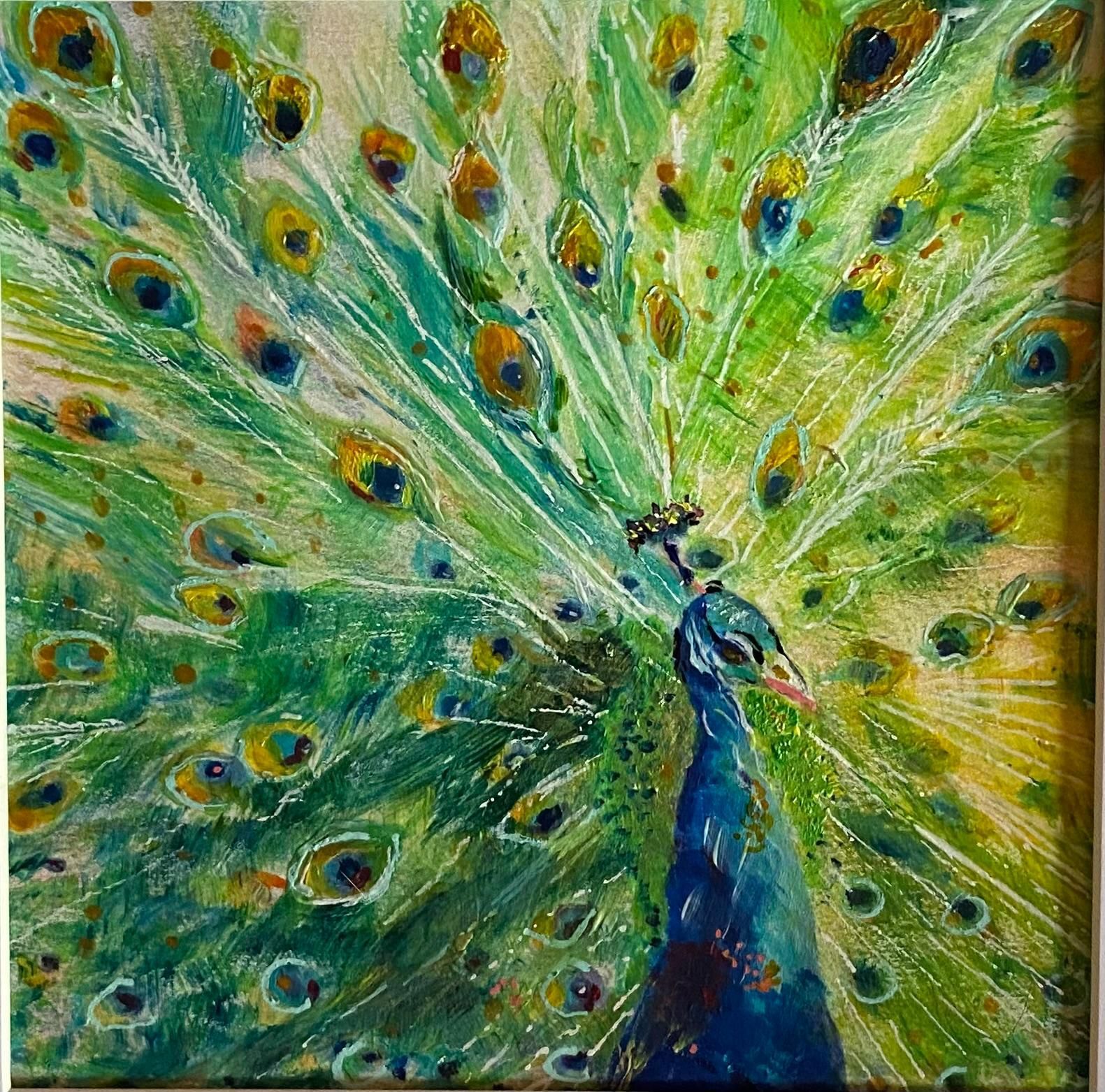 Peacock with vibrant green and blue feathers spread wide.