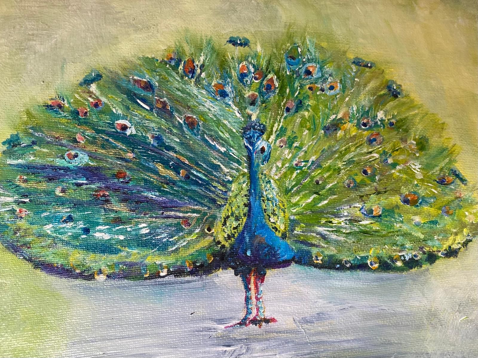 A vibrant painting of a peacock with a fanned-out tail, showing blues, greens, and spots of red and gold.