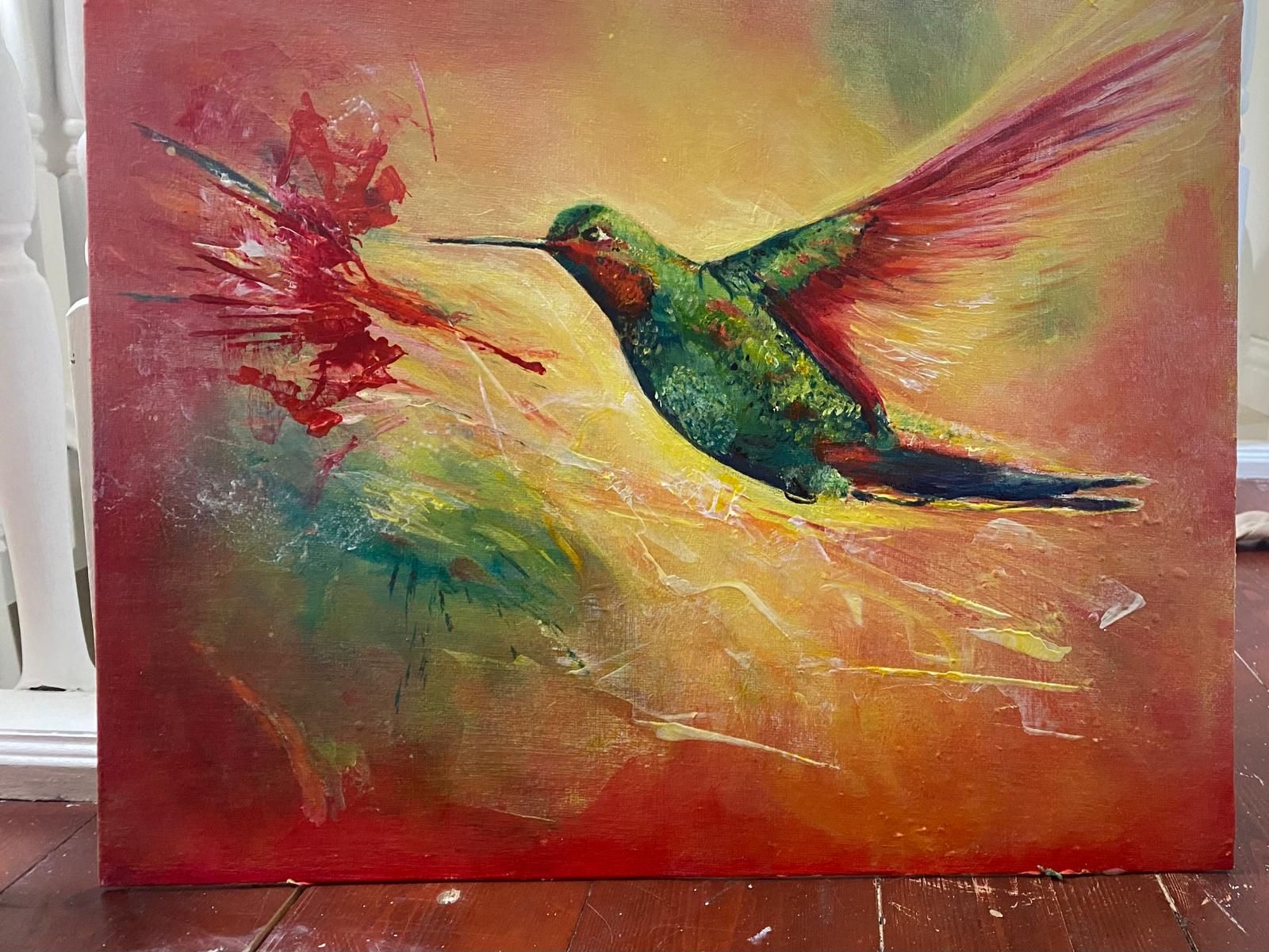 Hummingbird feeding on a red flower, with textured brushstrokes in a warm, colorful background.