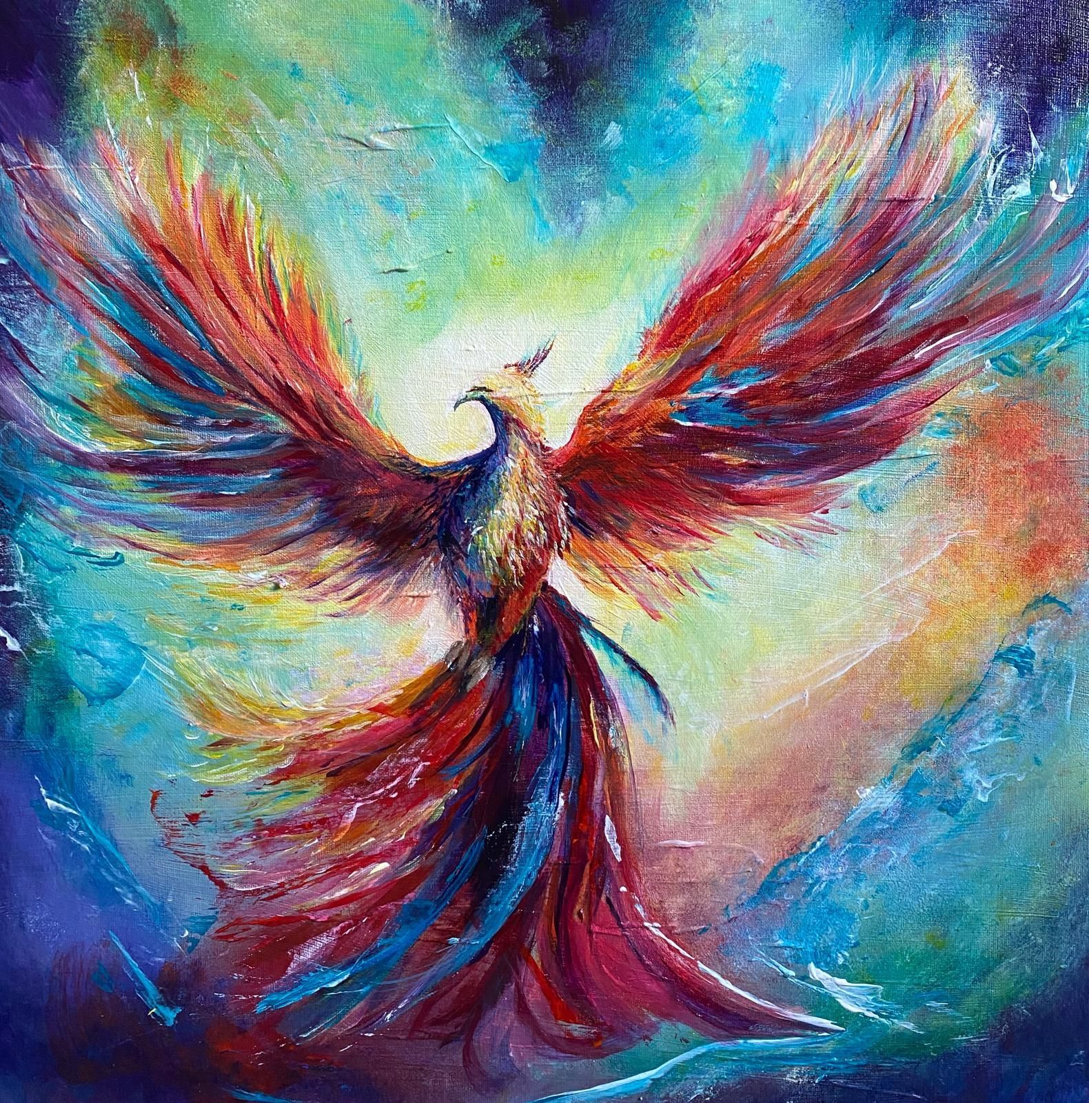 A colorful phoenix with outstretched wings against a radiant background.