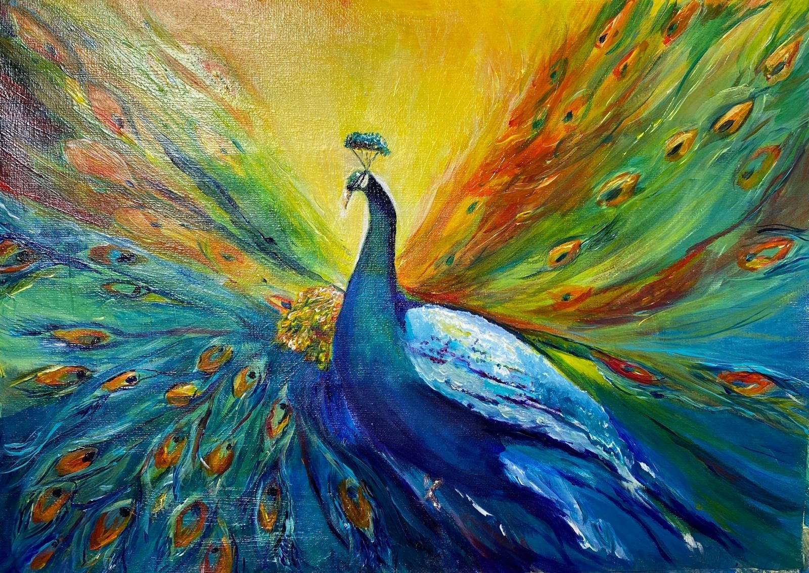 Peacock with vibrant blue body and colorful, fanned tail against a golden backdrop.