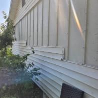 Weathered, peeling white siding on a house exterior, with some plant growth and sunlight.