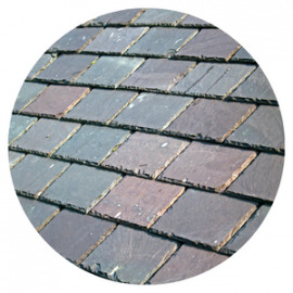 Close-up of a slate roof with varying shades of gray and purple tiles.
