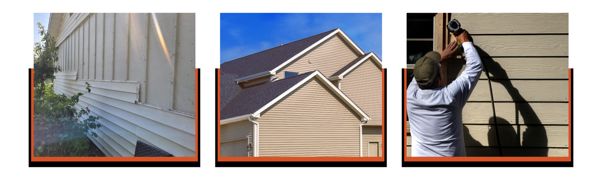 Three images showing siding installation: stacks of siding, house exterior, and a worker installing.