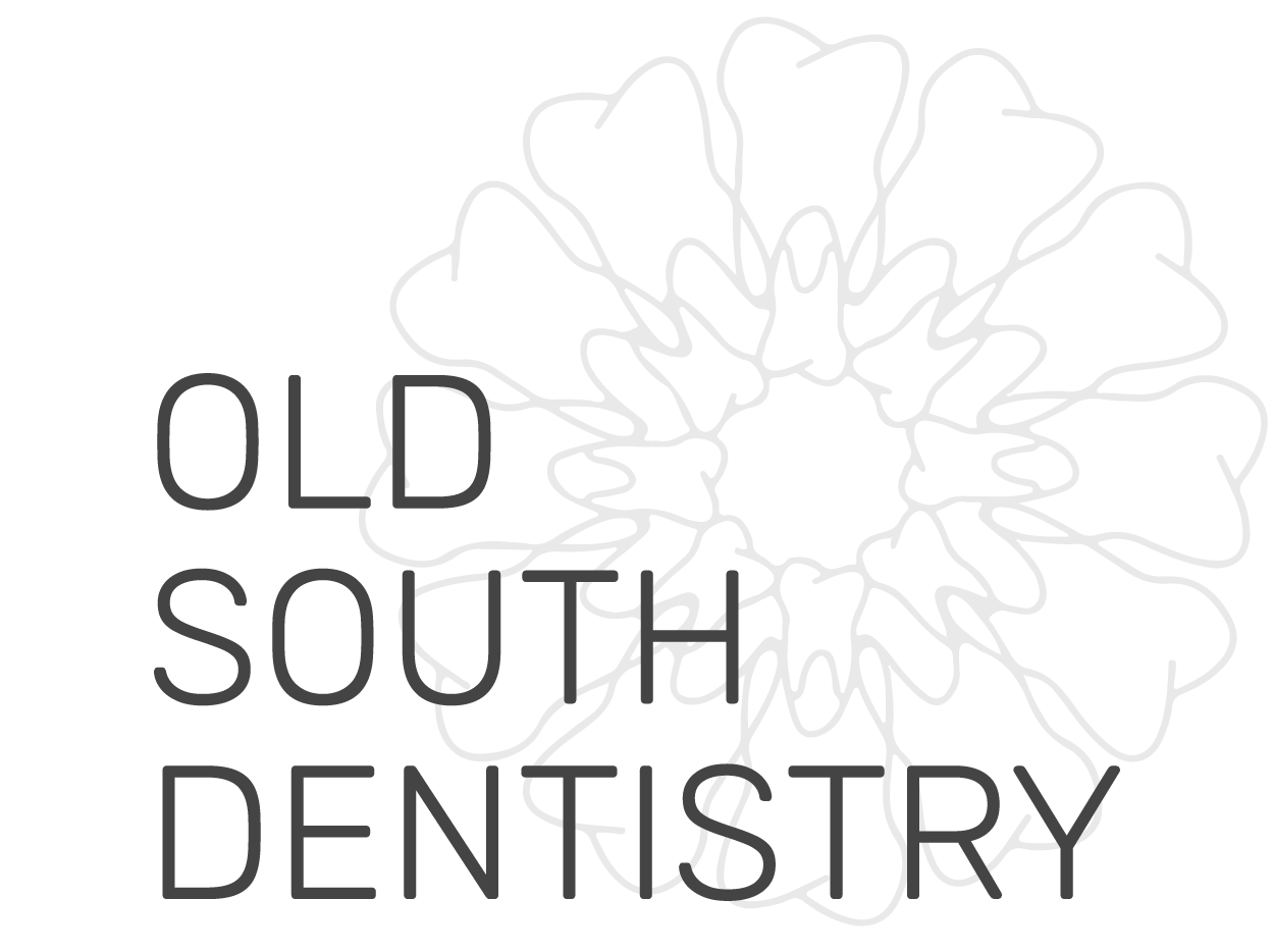 Old South Dentistry logo with text and floral background element.