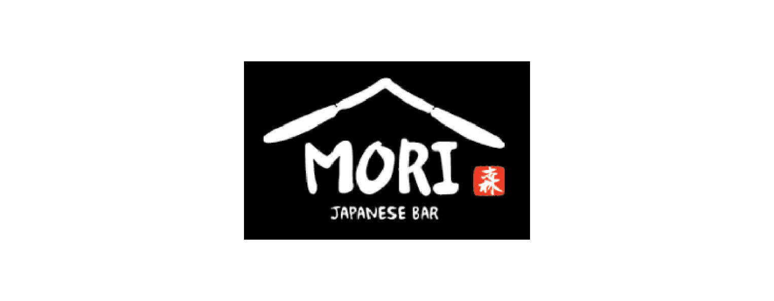 Logo for Mori Japanese Bar; white text and roof icon on a black background.