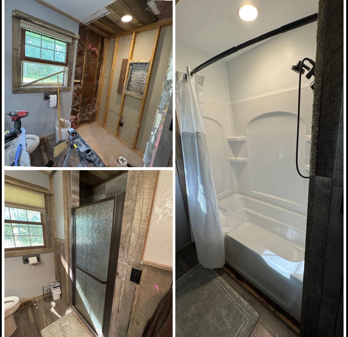 Water flowing from a black faucet into a black sink in a kitchen. A vase with a flower sits on the counter.