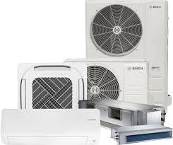 Bosch air conditioning units: outdoor and indoor components in various shapes and sizes, all white.
