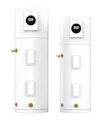 Two white, cylindrical water heaters with digital displays on top.