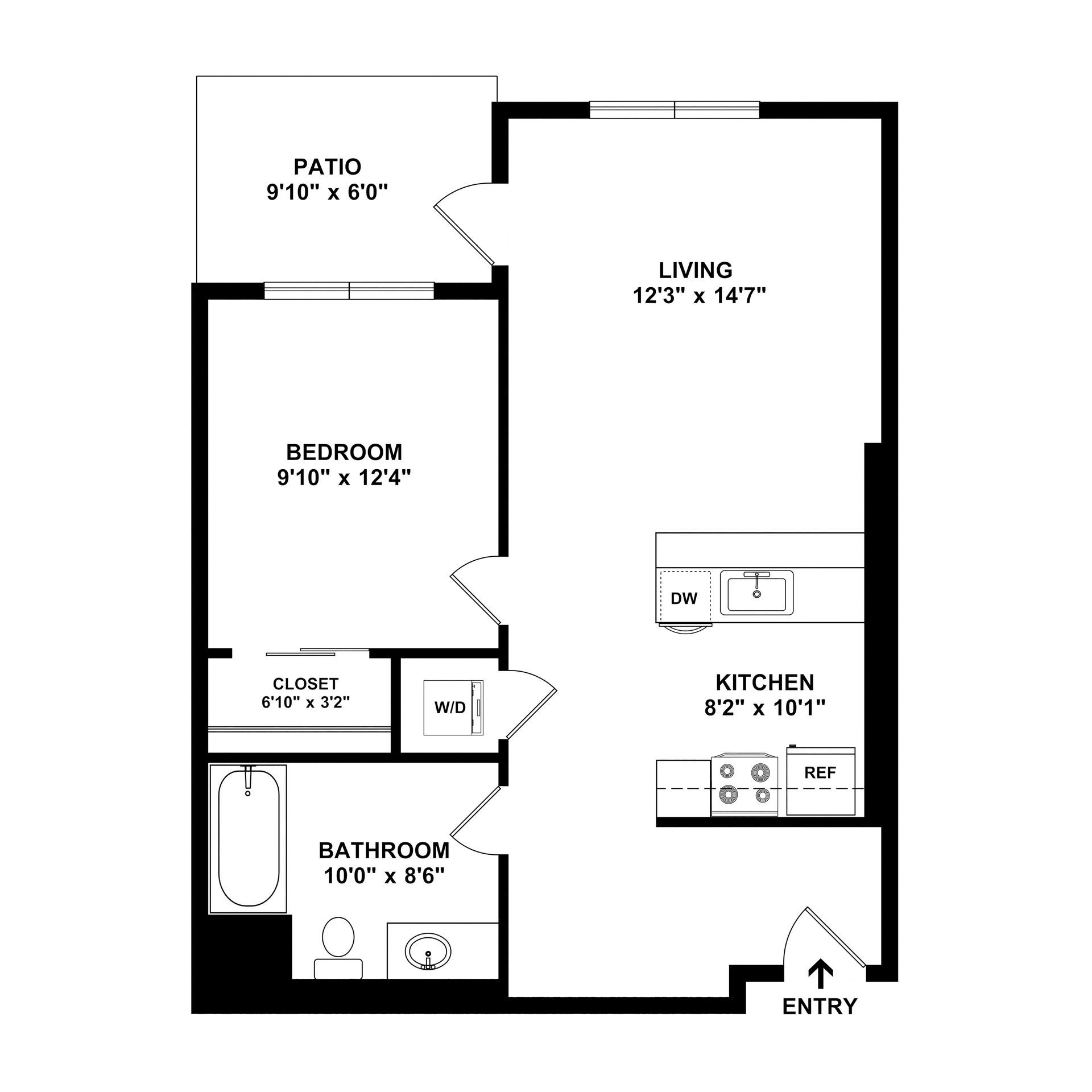Floor plan of an apartment with a patio, bedroom, living area, kitchen, bathroom, and closet.