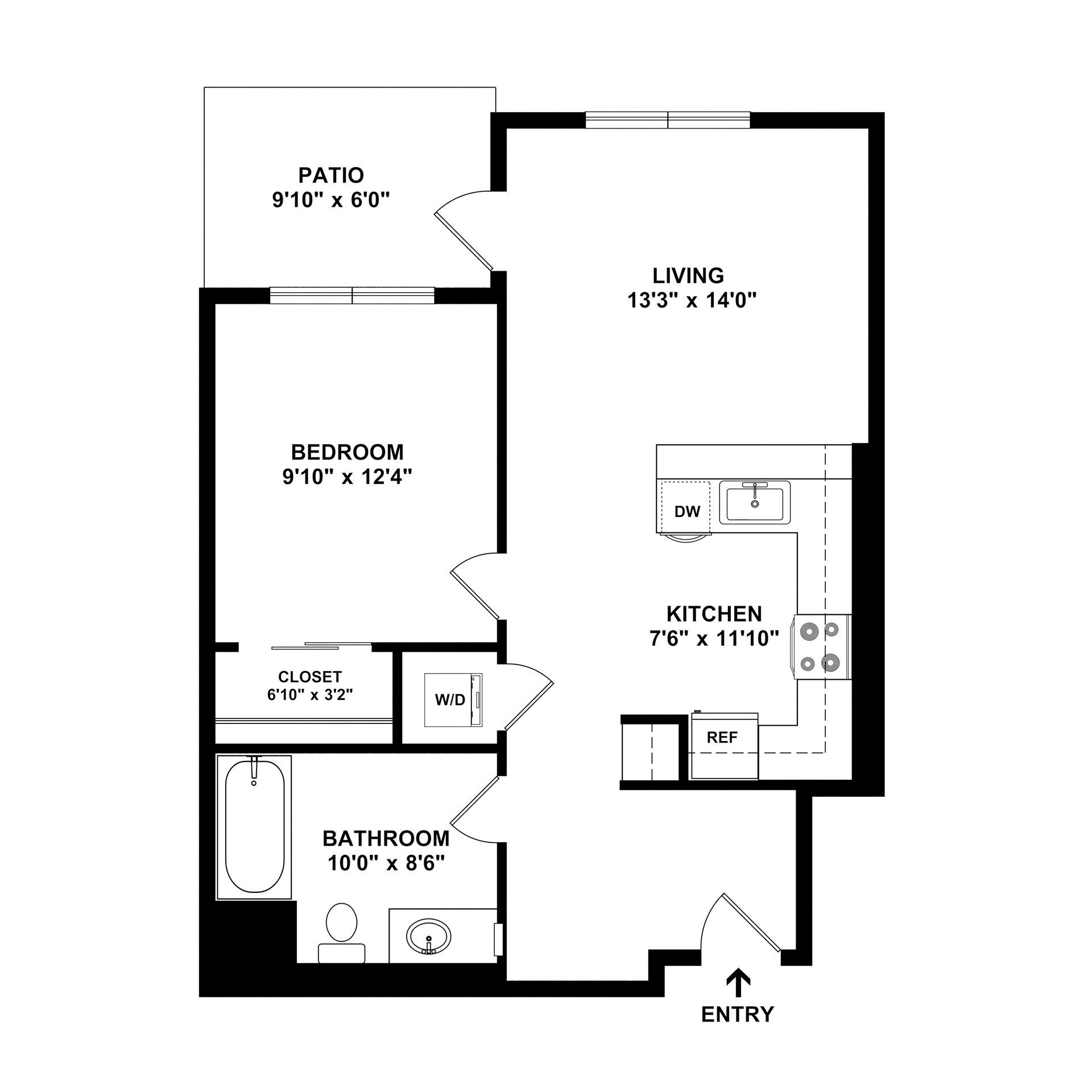 Floor plan of an apartment with a patio, bedroom, living area, kitchen, bathroom, and closet.