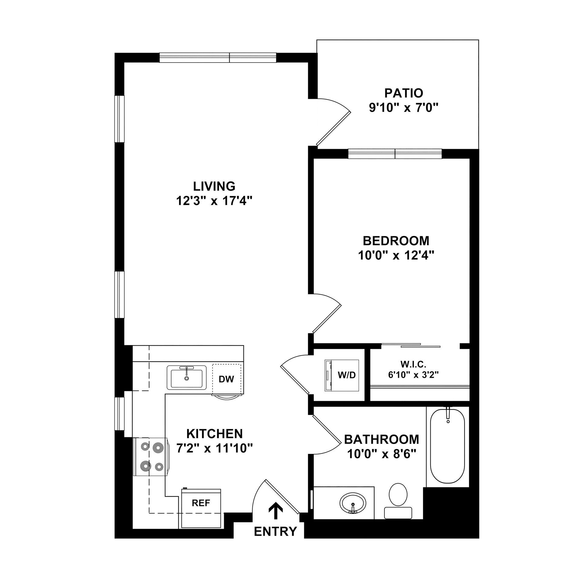 Floor plan of a one-bedroom apartment with a living room, kitchen, bedroom, bathroom, patio, and walk-in closet.