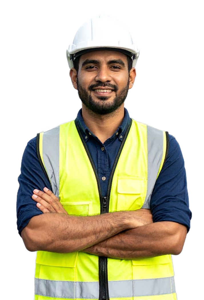 Person wearing a white hard hat and yellow safety vest, arms crossed, smiling. Person wearing a white hard hat and yellow safety vest, arms crossed, smiling.