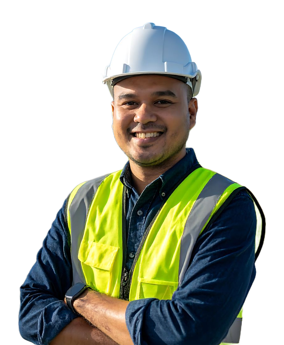 Man in safety vest and hard hat smiling with arms crossed.