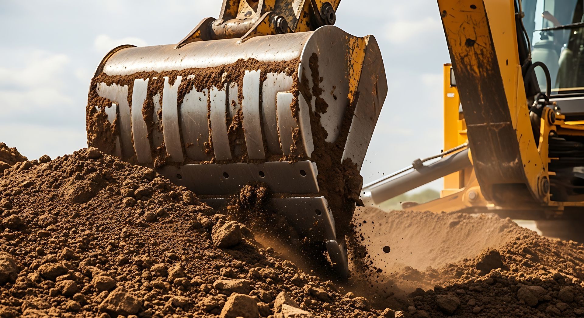 Excavator bucket digging into a pile of dirt. Yellow machine, close-up, outdoors. Excavator bucket digging into a pile of dirt. Yellow machine, close-up, outdoors.