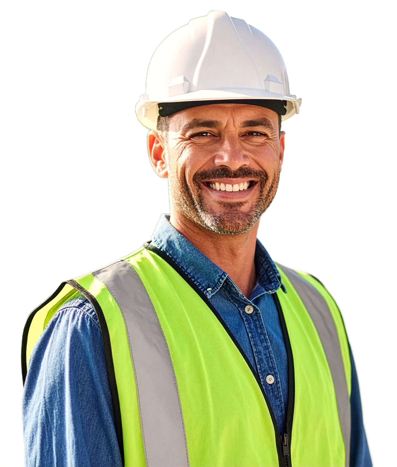 Construction worker wearing hard hat and safety vest, smiling. Construction worker wearing hard hat and safety vest, smiling.