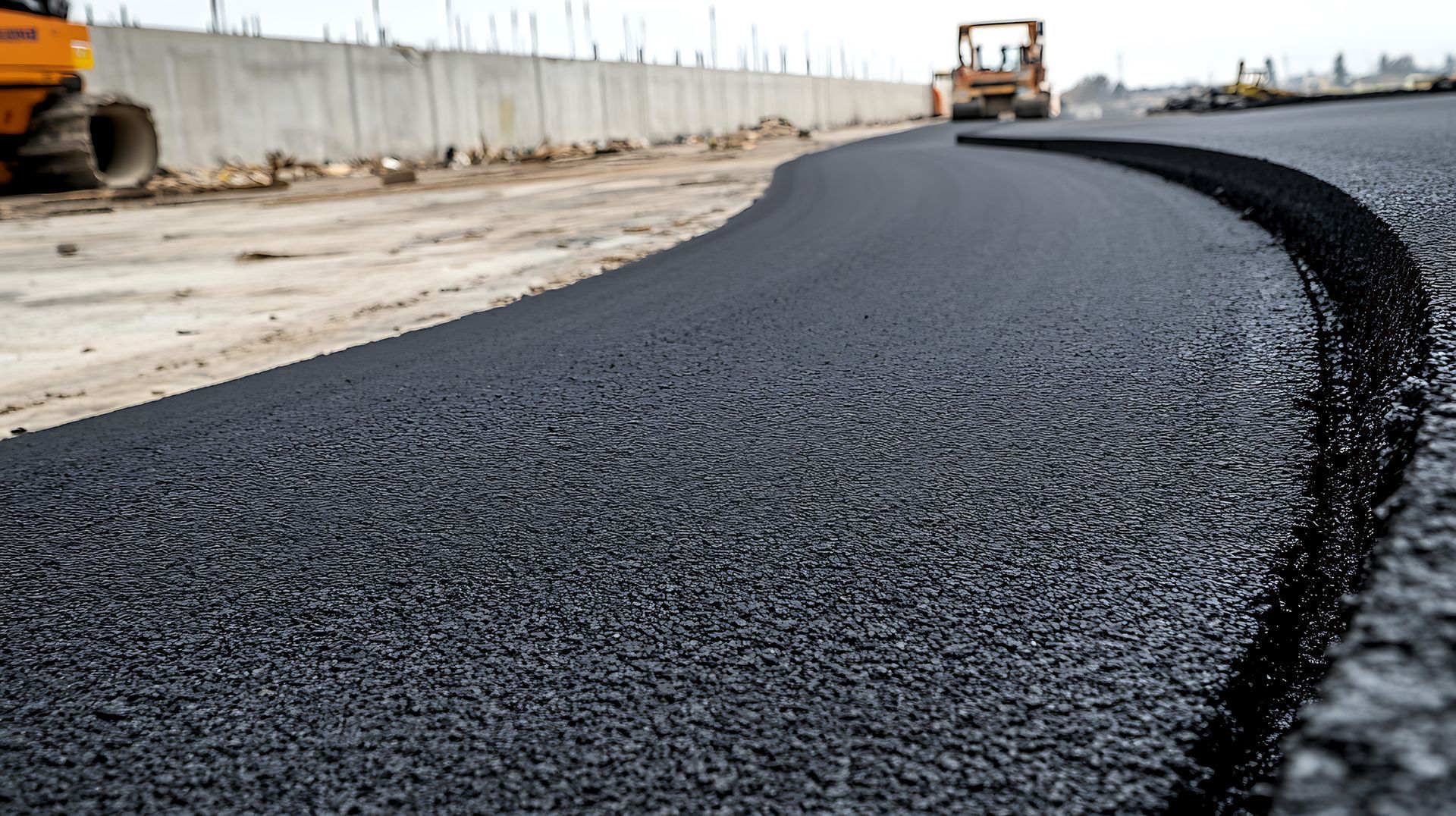 Newly paved asphalt road under construction, with a roller and barrier in the background.