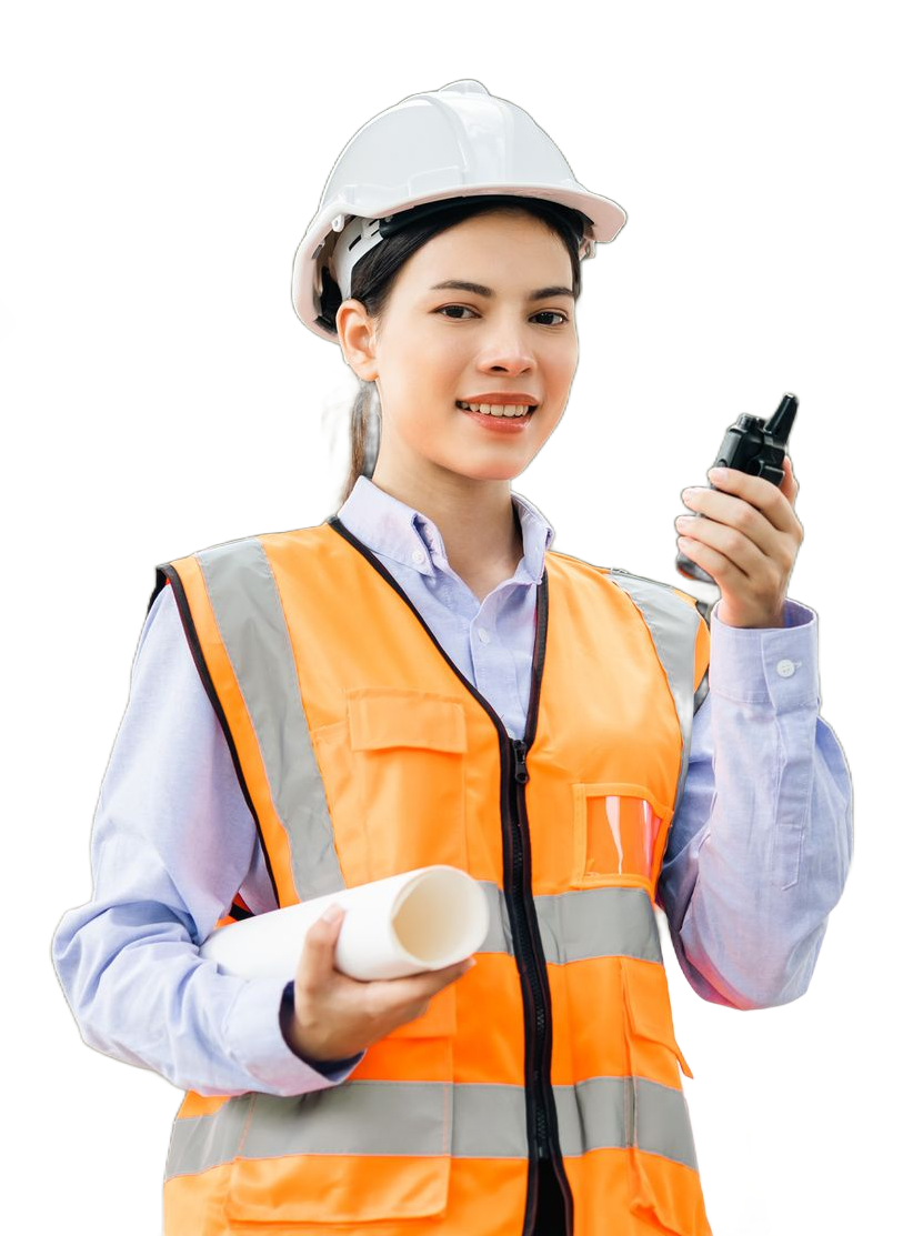 Woman in hard hat and safety vest, holding a radio and plans, smiling. Woman in hard hat and safety vest, holding a radio and plans, smiling.