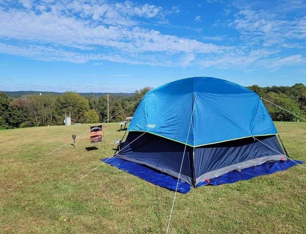 a blue tent is sitting on top of a lush green field .