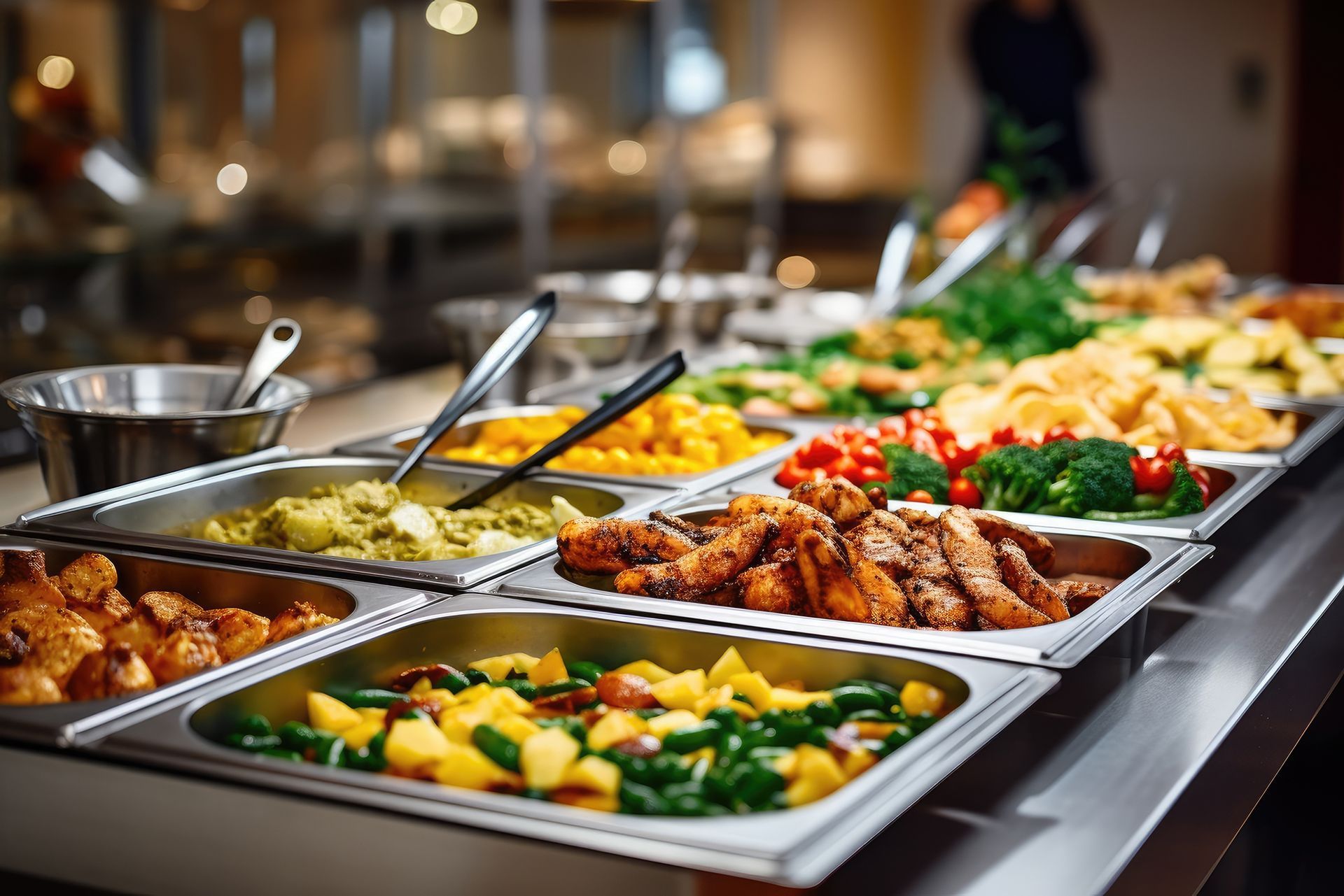 a buffet line filled with lots of different types of food .