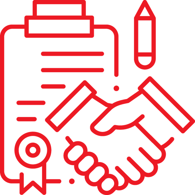 Red outline of handshake, agreement document, and pencil, symbolizing a contract.