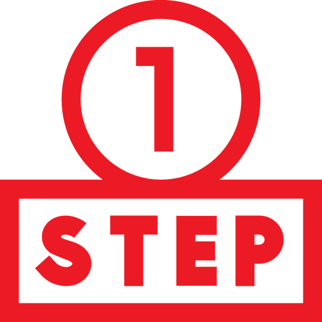 Red graphic of the number 1 inside a circle above the word "STEP" inside a rectangle.