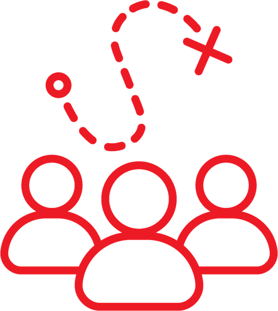 Three people with a dashed-line strategic plan overhead; all in red.