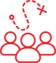Three people with a dashed-line strategic plan overhead; all in red.